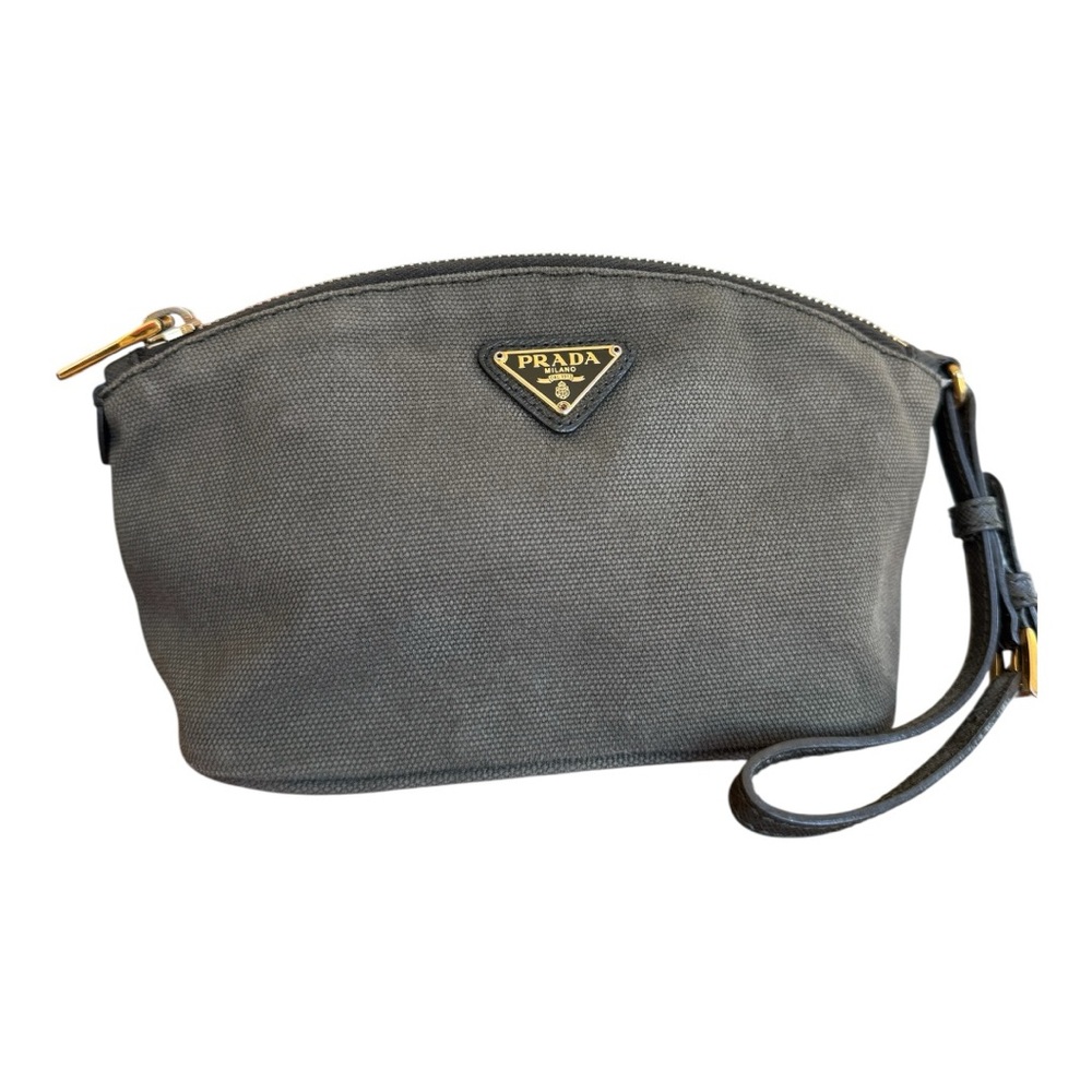 Authentic PRADA Canapa Green Khaki Canvas Pochette Vanity Case Wristlet